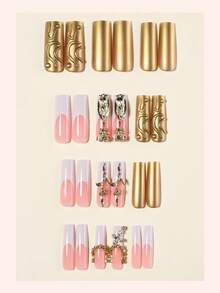 巴洛克奢华亚克力美甲套装，24片长方形按压式美甲，DIY艺术金属镀铬3D假指甲套装，饰有十字架/钻石/玫瑰图案，适用于美甲沙龙、日常佩戴、节日派对及礼品。 - 彩色 - 查看 2