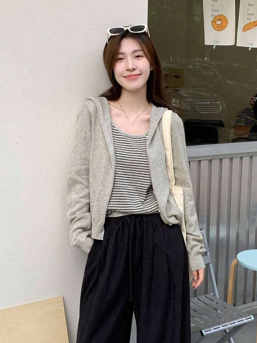 女士条纹连帽两用长袖针织衫，休闲百搭，春秋季