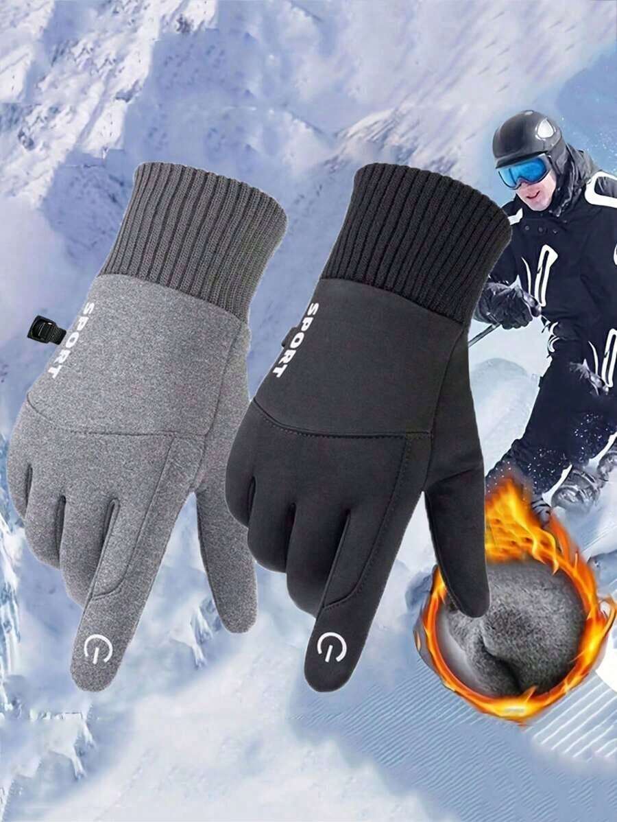1 Pair Outdoor Warm Gloves Men, Plush Cycling Gloves Autumn And Winter, Windproof, Waterproof, Anti Slip Velvet Screen Usable Gloves, Driving Coldproof Gloves Men And Women, Simple And Fashionable Letter Finger Gloves, Fishing Skiing Mountain Climbing Anti Slip Gloves, Anti Loss Connection Gloves - 彩色 - 查看 1