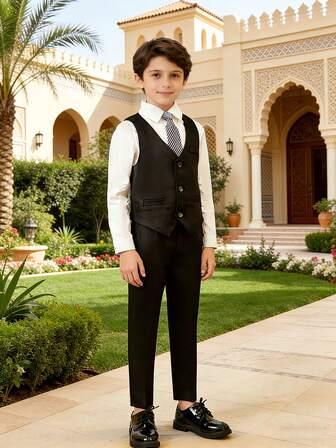 新款男童西装正式服装，适合钢琴表演、婚礼、花童装，条纹三件套：背心+裤子+领带