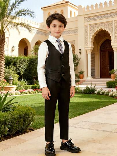 新款男童西装正式服装，适合钢琴表演、婚礼、花童装，条纹三件套：背心+裤子+领带