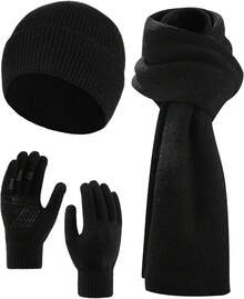 2026AWAYTR Women Winter Beanie Hat Scarf Gloves Set, 3Pcs Warm Knitted Hat Touchscreen Gloves Long Scarf For Cold Weather - 黑色 - 查看 9