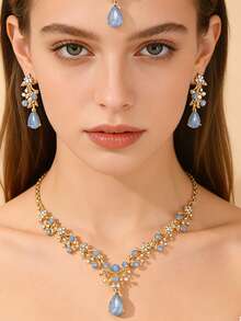 Sweet European And American Style Bridal Jewelry Set,Water Droplet With Flowers Design Pendant Hair Chain & Rhinestone & Necklace Set Suitable For Women's Party And Daily Wear,Festival Gift - Four-piece Set - View 2