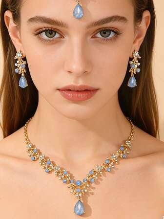 European And American Fashion Floral Waterdrop Pendant Necklace/Hair Chain/Rhinestone Earring Set, Sweet And Elegant Bridal Accessory Necklace, Earrings, Hair Chain Jewelry Set