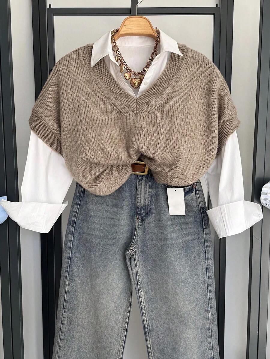 Áo dệt kim màu trơn mềm mại, kiểu dáng thường ngày, thích hợp mặc đi biển. - Màu Khaki - Xem 1
