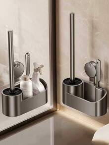 1 Set Suction Cup Toilet Brush Holder, Drill-Free Bathroom Wall-Mounted Toilet Brush Holder With Crevice Brush, Perforated Draining Caddy - Multicolor - View 1