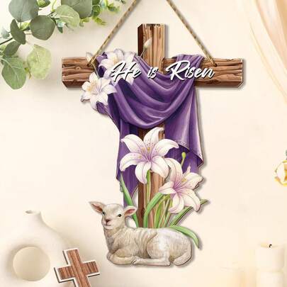 1pc Easter Door Sign He Is Risen Hanging Decor Religious Cross Sign Easter Wreaths For Front Door Outside Christian Flowers Hanging Hanger For Farmhouse Front Porch Wall Decor(Sheep)