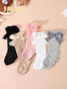 5 Pairs Baby Bow & Striped Pattern Knee High Socks, Suitable For Spring And Autumn - Multicolor - View 2