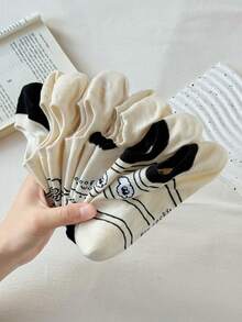 5双装女士可爱条纹波点小狗图案简约船袜，黑白配色，适合日常穿着和外出，四季皆宜 - 彩色 - 查看 8