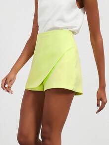 Se-Helo Fashion Casual Versatile Solid Color Asymmetrical Skirt Shorts - Neon Yellow Green Summer - Fluorescent Yellow-green - View 2