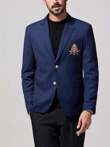 Men's Notch Lapel Beaded Embroidery Suit Jacket, British College Style Casual 2-Button Blazer - Royal Blue - View 3