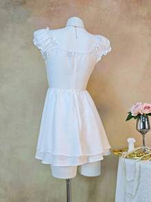 Elegant Casual Ruched Bust Vintage French Style Off-Shoulder Tiered Chiffon Dress, Suitable For Spring/Summer, Vacation, Wedding, Daily Wear, Travel, Stage Performance, Airport, Beach - White - View 4