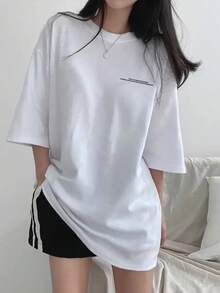 宽松休闲百搭印花短袖T恤，日系风格 - 白色 - 查看 2