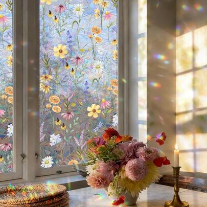 1/6pcs Spring Wildflowers And Grass Stained Glass Window Film, Reusable Vinyl Static Cling Privacy Window Film, Suitable For Bedrooms, Bathrooms, Kitchens, Classrooms, And Home Decoration.