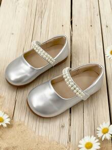 1 Pair Girls' Mary Jane Dress Shoes With Pearl Decor, Hook And Loop Closure Flat Shoes Suitable For Party, Ceremony And Daily Wear - Silver - View 4