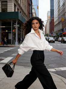 100% Cotton Batwing-Sleeve Loose-Fit Buttoned Solid Lapel Blouse - For Mexican Women | Casual Minimalist Original Design - Blanco - Ver 2