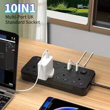 10-In-1 Power Socket Surge Protector, Power Socket/Power Board/Power Strip, 3250W, 13A, 1.8m Power Cord, Portable Power Socket, 6 AC Power Sockets, 4 USB Ports, Suitable For Home, Kitchen, Office Or Hotel Use - 英規插(220-240V) - 查看 2