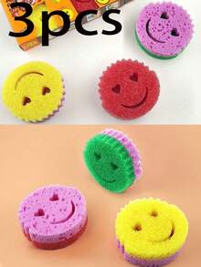 3/6片装爱心笑脸多功能双层温感海绵布。可爱又强力，双面厨房海绵 - 温感感应，不刮伤清洁垫，适用于餐具等。