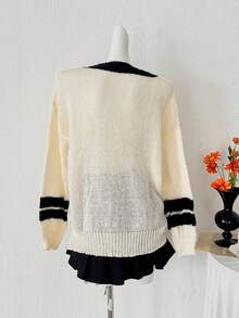 Minimalist Pattern V-Neck Dropped Shoulder Long Sleeve Loose Knit Pullover Sweater, Sweet Academic Style, Suitable For Spring, Valentine's Day Party, Women - Beige - View 2