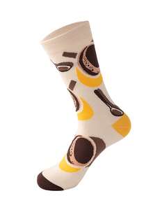 男士中筒袜一双，不对称设计，创意咖啡图案，时尚透气吸湿，适合日常穿着、度假、送礼、休闲及运动场合。 - 彩色 - 查看 3