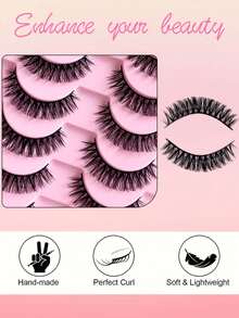 10 Pairs D-Shape Striped Russian False Eyelashes, Cat Eye Style, Natural & Fluffy, Enhance Eye Charm, Suitable For Daily Makeup, Reusable, Ideal For Beginners - Fluffy Lashes - View 3