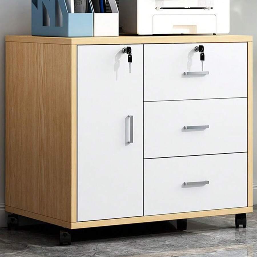 Mesita de noche con cerradura, ruedas extraíbles, antirrobo, de madera, para archivar documentos - Blanco - Ver 1