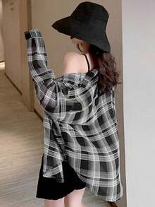 2025夏季新款格子衬衫女休闲宽松上衣 - 黑色 - 查看 4