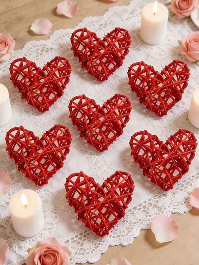 12pcs Rattan Heart Shaped Hanging Decor, Suitable For Valentine's Day, Engagement, Wedding, Home Decor, DIY Vase/Bowl Filler, Tabletop Decor, Party Decoration, DIY Crafts, Wedding Table Decor, Ideal For Vase Filler, Wedding, Party And More Occasions.