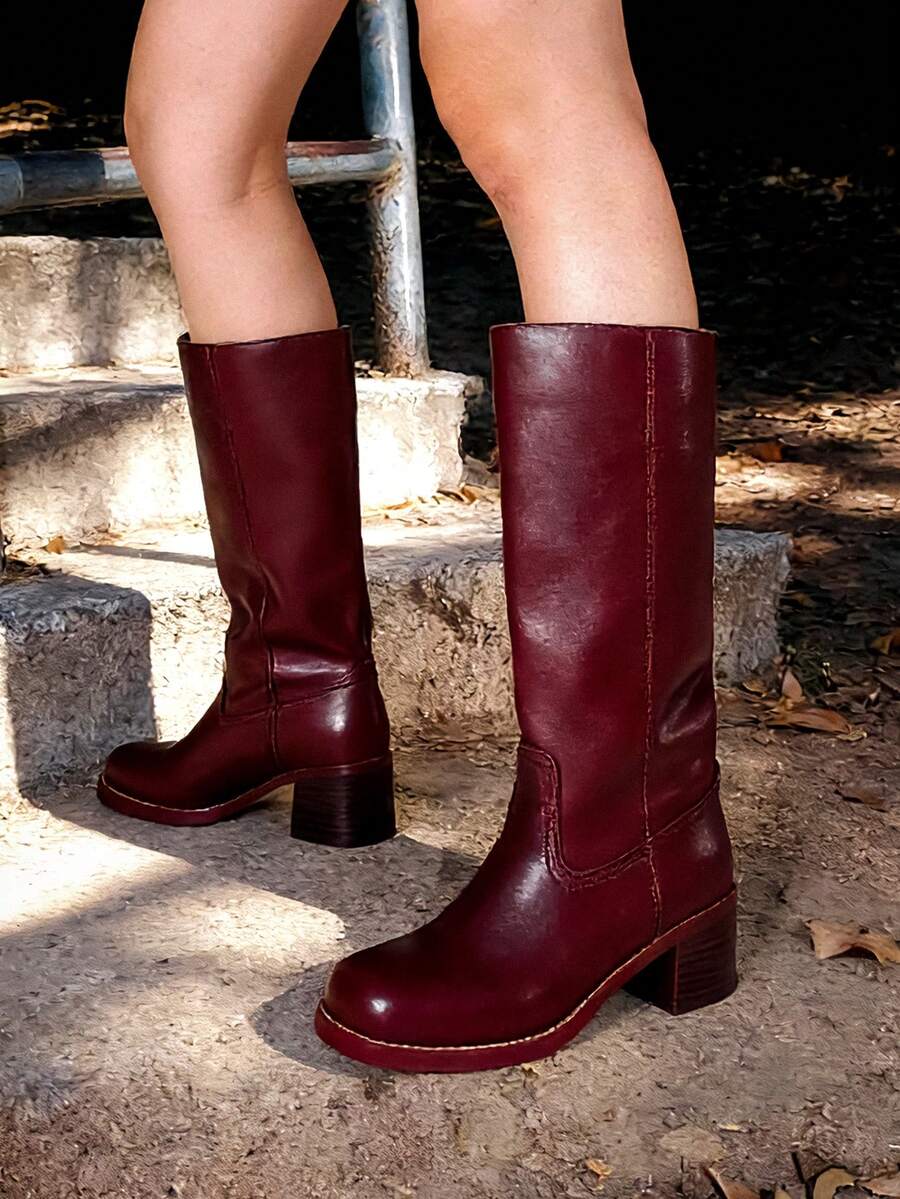 Knee High Boots For Woman Square Toe Fall Wide Calf Pull On Chunky Block Heeled Boots Riding Boots Knight Women's Boots Autumn Casual Comfortable Block Heels For Women - 酒紅色 - 查看 1
