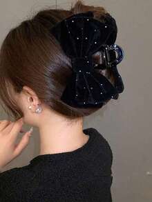 1pc Women Velvet Rhinestone Oversized Bow Hair Claw Clip Elegant Sweet Fashion School Party Ballet Daily Stylish Hair Accessory - Black - View 4