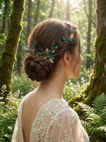 3pcs Emerald Crystal Gold Leaf Hair Clips, Vintage Rhinestone U-Shaped Bridal Hair Accessories, Suitable For Weddings And Galas - Multicolor - View 4