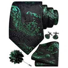 GUSLESON 8cm Paisley Tie Set For Men Necktie Lapel Pin Pocket Square Cufflinks Set For Men,EmeraldGreen - EmeraldGreen - View 2