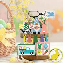 13-Piece Happy Easter Egg Bunny Wooden Tiered Tray Decorations Set, Easter Decor, Holiday Home Decor Living Room, Dining Table Centerpiece, Room Decor, Easter Gift - Multicolor - View 7