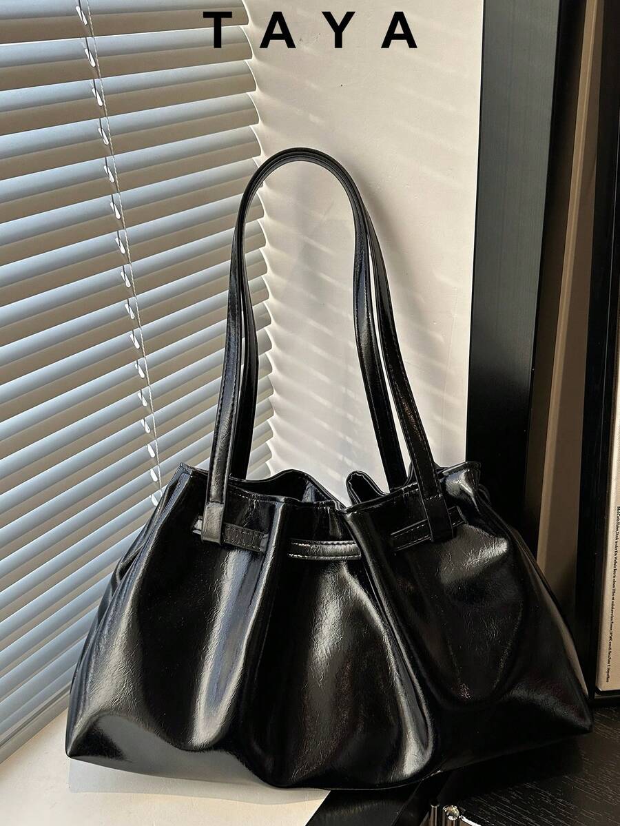 New Vintage Style Drawstring Bucket Bag, Lightweight Minimalist Design, Large Capacity, Solid Color Soft Leather Shoulder Bag