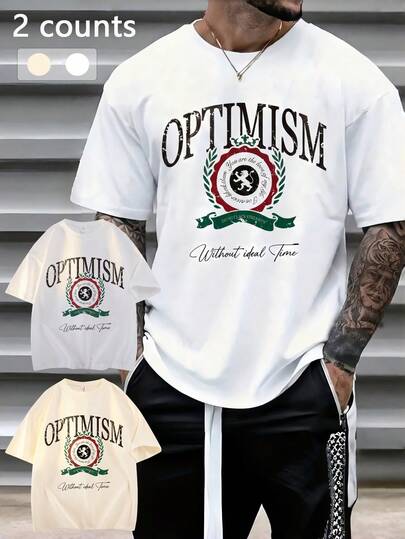 2 camisetas de cuello redondo para hombres, con estampado de insignia y letras vintage, resistentes a las arrugas, livianas, de fácil cuidado, para uso casual diario