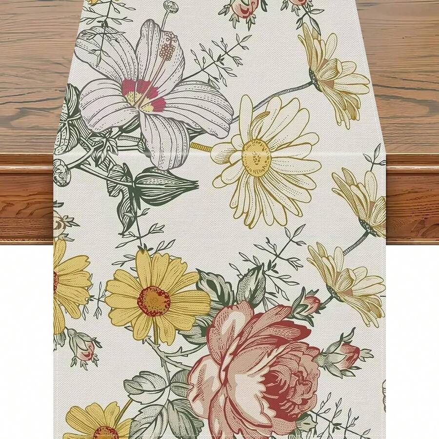 1 buc. Traversă de masă de primăvară cu flori sălbatice, vară sezonieră, margarete, masă de bucătărie, lux, in alb, decorativă, petrecere de casă - Multicolor - Vizualizare 1