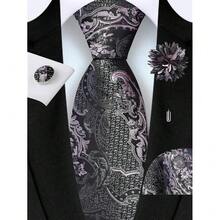 GUSLESON 8cm Paisley Tie Set For Men Necktie Lapel Pin Pocket Square Cufflinks Set For Men,Grey/Pink - Grey/Pink - View 3