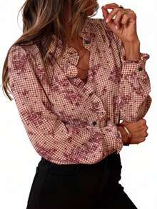 女士数码印花立领荷叶边长袖休闲衬衫 - 紅色 - 查看 1