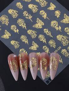 6片金色玫瑰美甲贴纸，自粘金色玫瑰花美甲贴花，DIY美甲装饰，适用于情人节、婚礼，适合女性和女孩美甲用品 - 金色 - 查看 6
