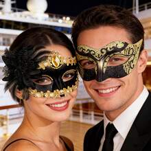 Couple's Rhinestone Masquerade Mask, Venetian Party High-End Shiny Mask For Halloween, Christmas, Costume Party, Half Face Mask, Opera Carnival Party, Fashionable Romantic Green Glitter Party Mask - Gold - View 2