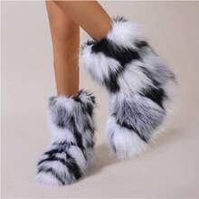 2025 Autumn And Winter Personalized Fashion Rainbow-Colored Furry Puffy Chunky-Heel Ankle Boots, Retro Y2K Style, Suitable For Party, Catwalk, Street Shooting, Music Festival And Halloween Carnival Outfits - 黑與白 - 查看 1