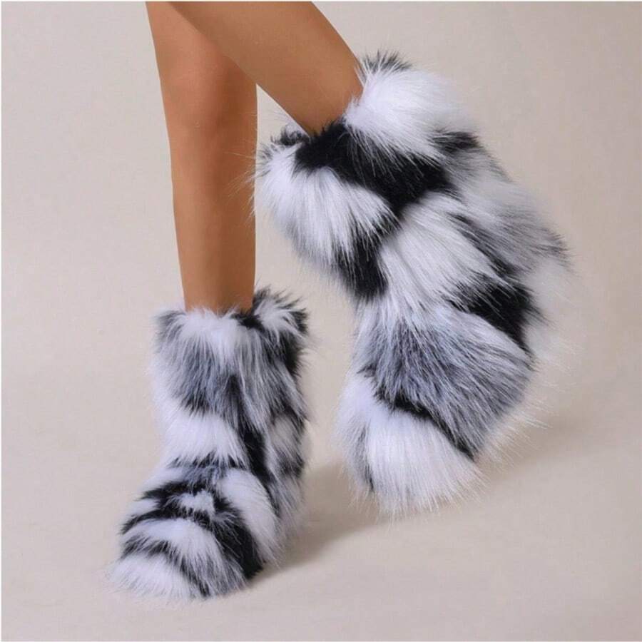 2025 Autumn And Winter Personalized Fashion Rainbow-Colored Furry Puffy Chunky-Heel Ankle Boots, Retro Y2K Style, Suitable For Party, Catwalk, Street Shooting, Music Festival And Halloween Carnival Outfits - 黑與白 - 查看 1