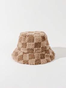 1pc Women's Brown Textured Faux Fur Bucket Hat - Warm Fluffy Winter Hat, Autumn/Winter Outfit