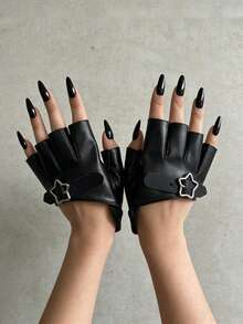 1 Pair Women's Fingerless Diagonal PU Leather Gloves, Suitable For Daily Wear - Black - View 5