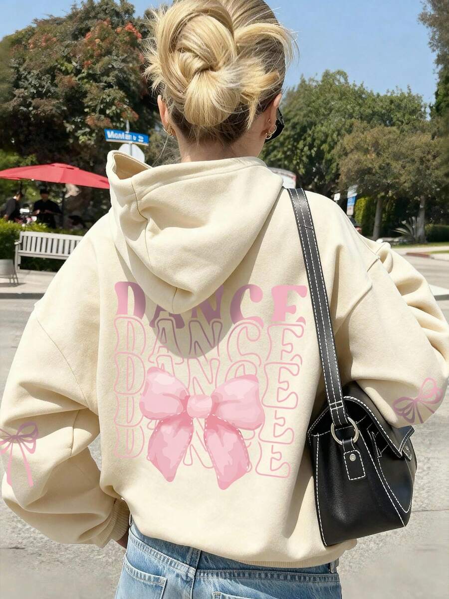 1件少女休闲印花套头卫衣,保暖内衬,长袖,秋冬季 - 杏色 - 查看 1