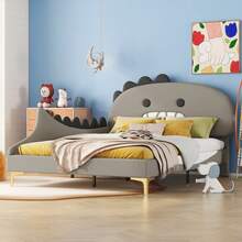 Children's Bed 140 X 200 Cm, Dinosaur Pattern, Flat Bed, Made Of Polyurethane, Grey - Gray + PU - View 12