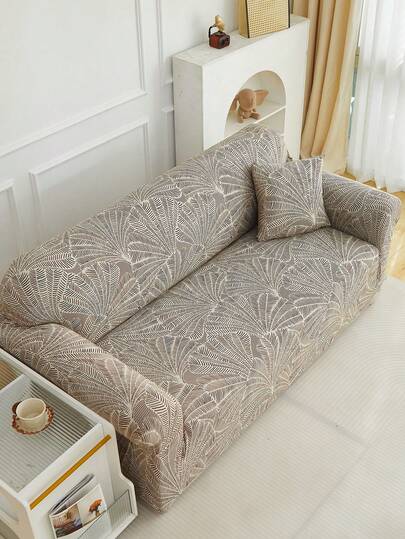 1pc Leaf Pattern Printed Full Cover Sofa Slipcover Set, Including 1pc Pillow Case, Modern Style Polyester Fabric, Machine Washable, All Season