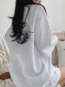 宽松休闲百搭印花短袖T恤，日系风格 - 白色 - 查看 4