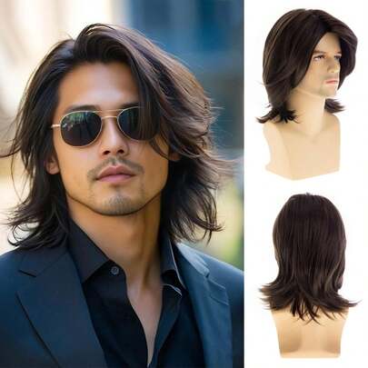 男士短款棕色假发，自然层次感合成假发，适合万圣节角色扮演派对。