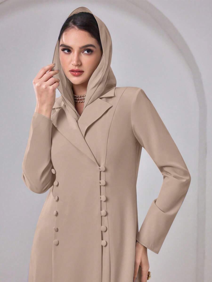 Women's Solid Color Lapel Overlap Double-Breasted Long Sleeve Casual Abaya Style Jacket For Daily Wear Spring - Beige - View 1